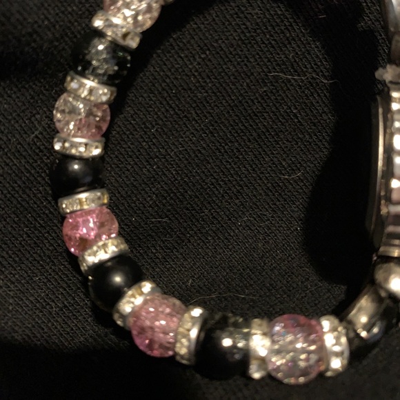 ONE OF A KIND: Black and Pink Beaded Stretch Watch - Picture 6 of 16